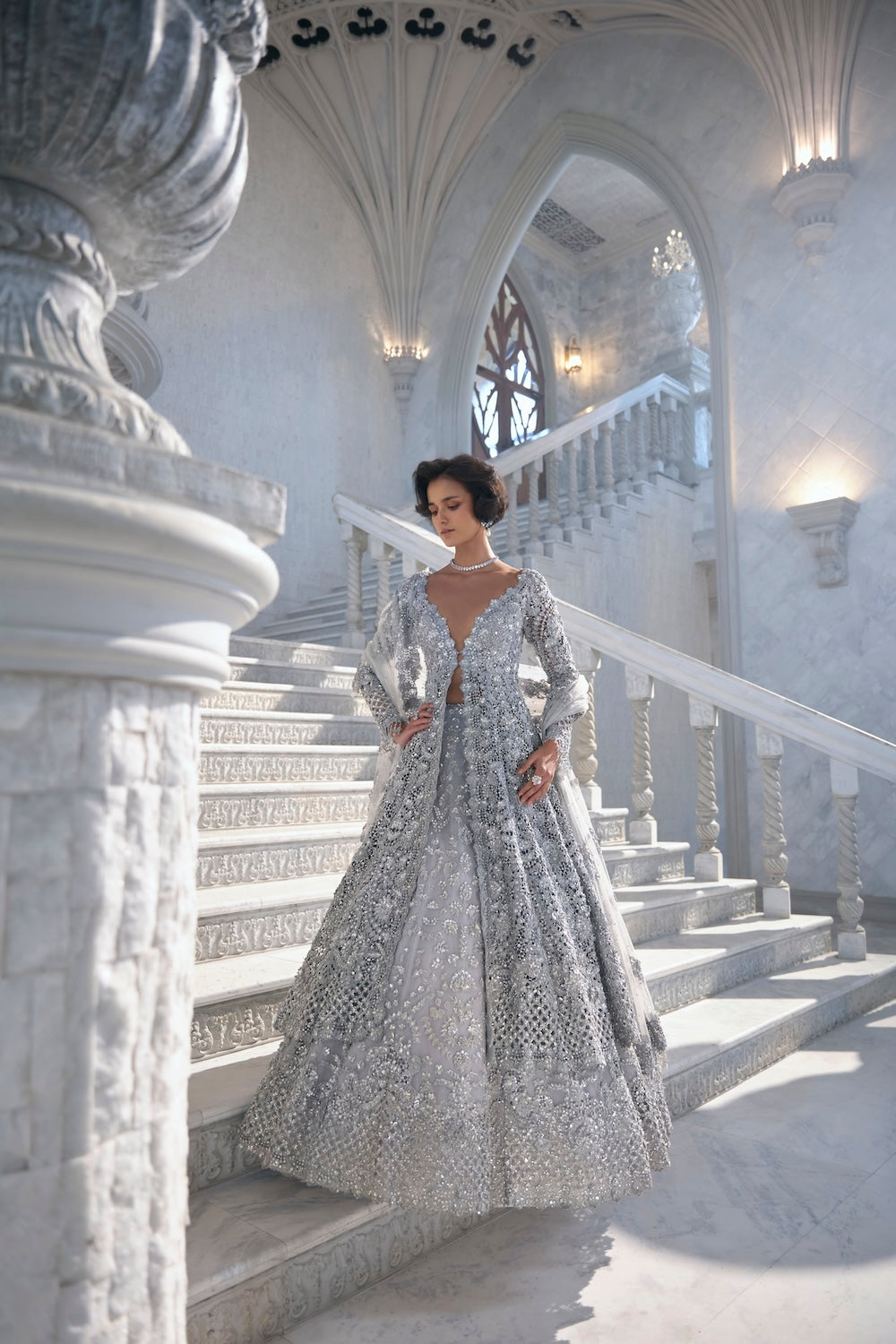 Silver Cut Work Jacket Lehenga Set