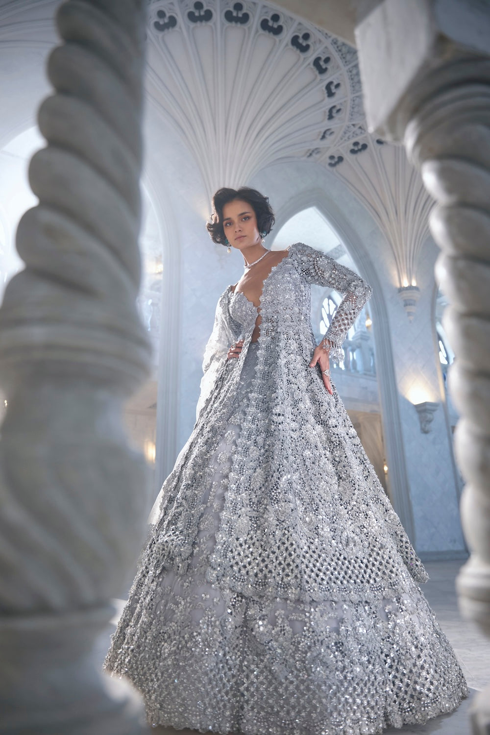 Silver Cut Work Jacket Lehenga Set