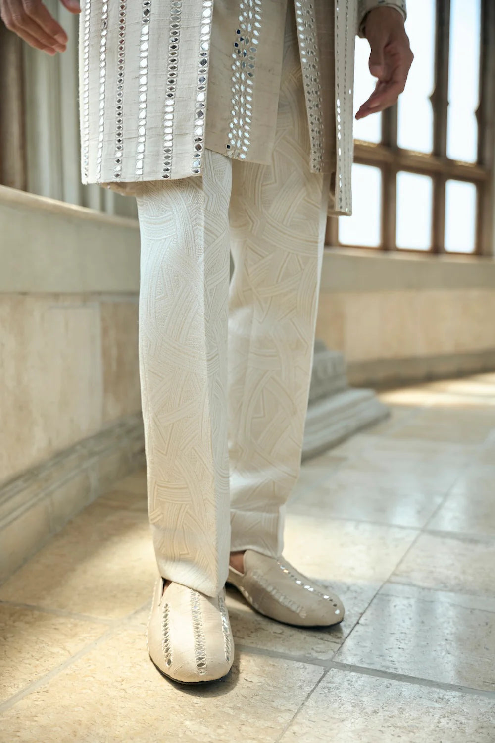 Beige Mirror Work Sherwani Set