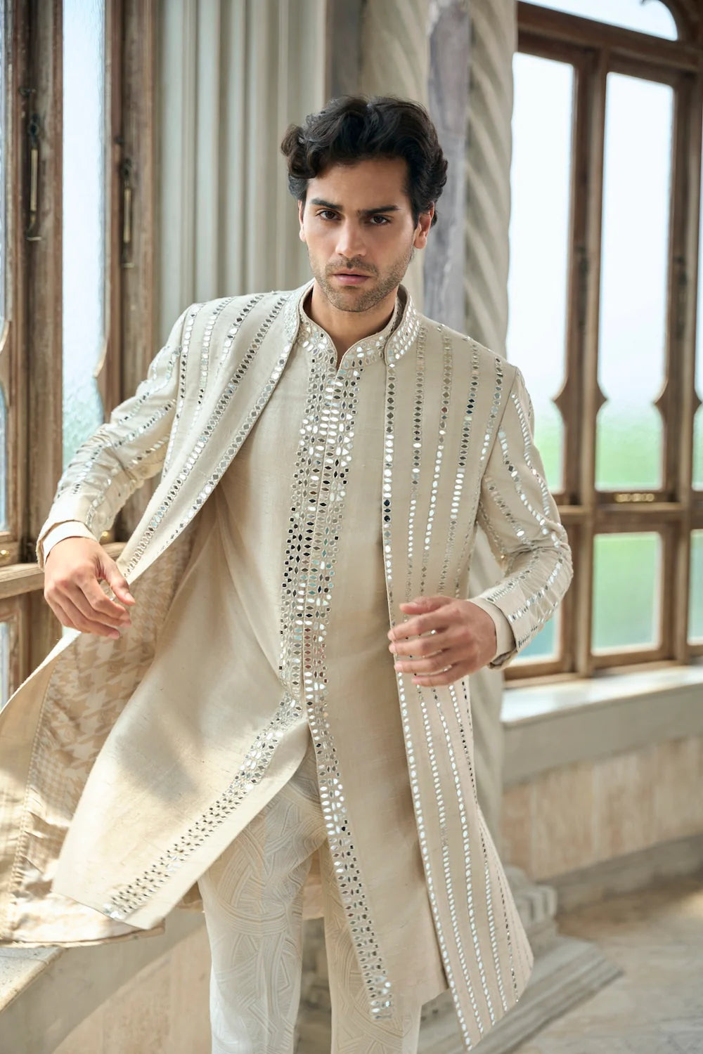 Beige Mirror Work Sherwani Set