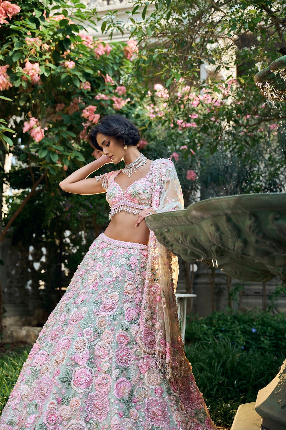 Mint Green Multi-Coloured Floral Lehenga Set
