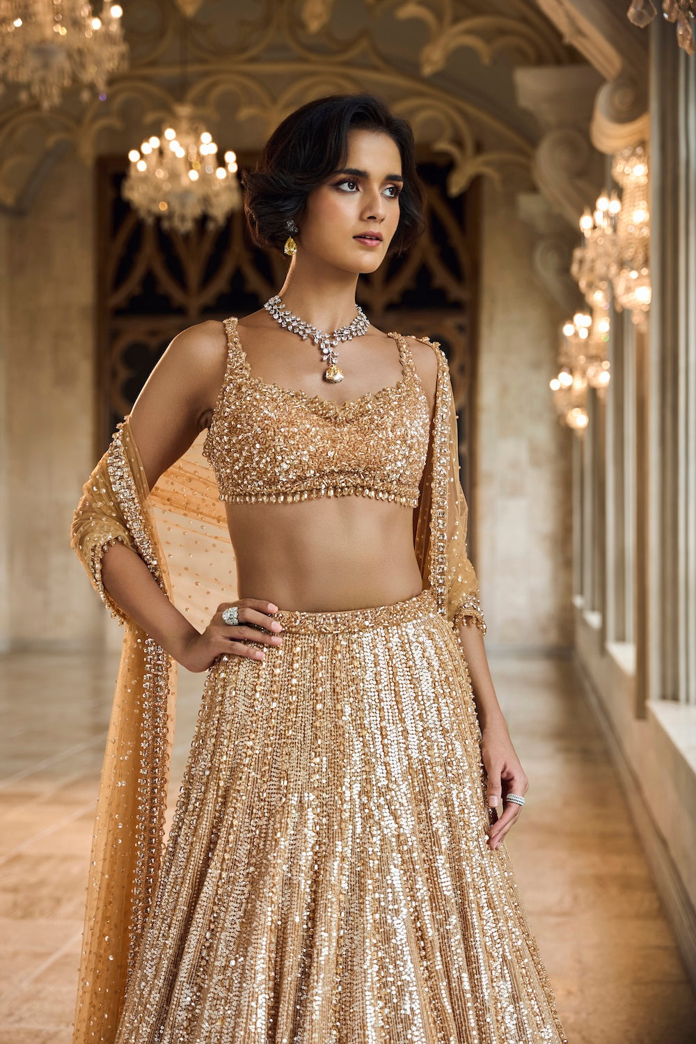 Copper Gold Crystal Lehenga Set