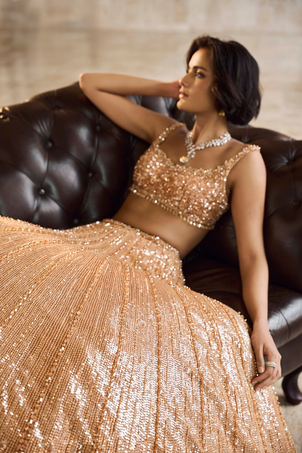 Copper Gold Crystal Lehenga Set