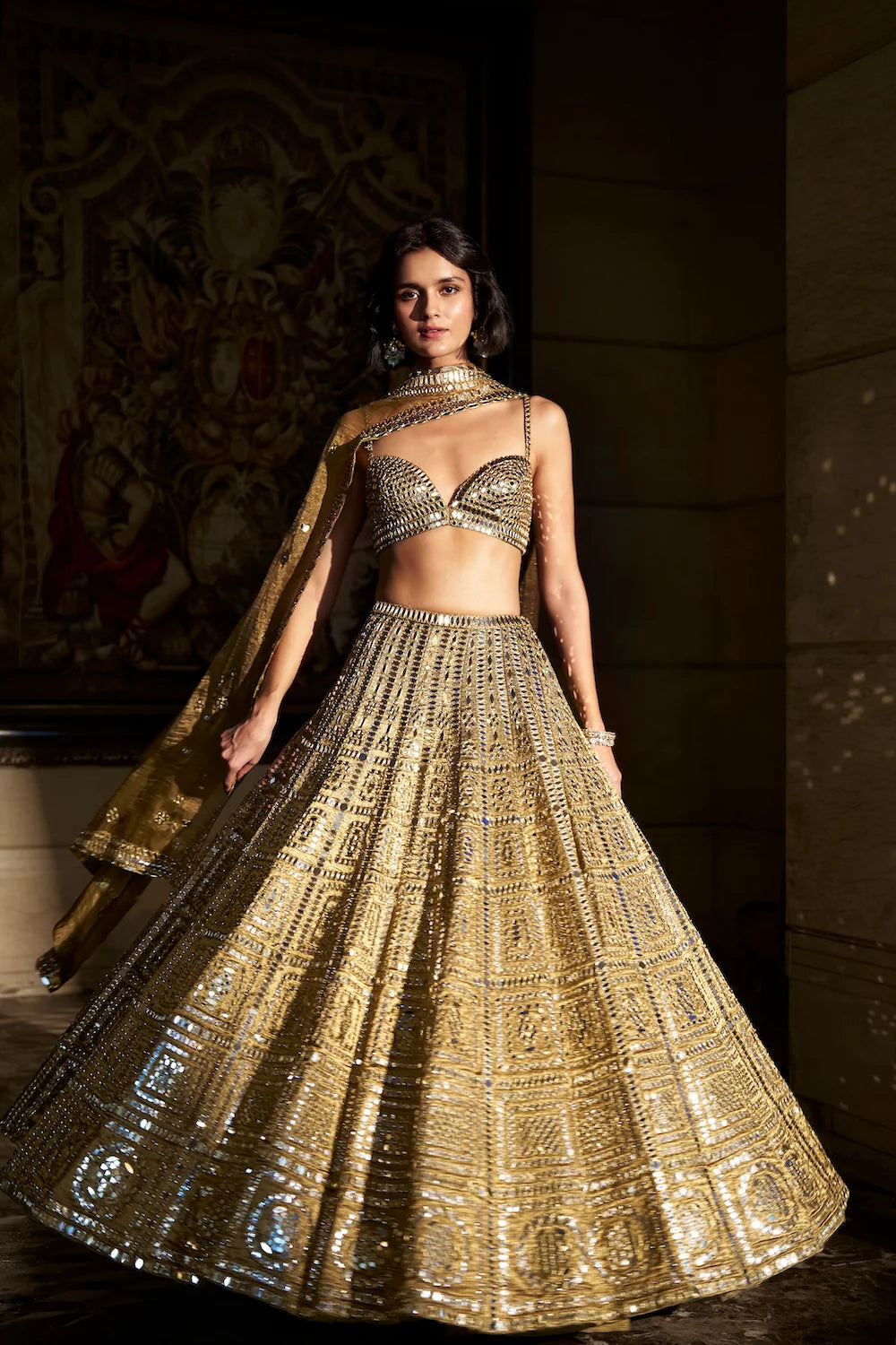 Antique Gold Mirror Work Lehenga Set