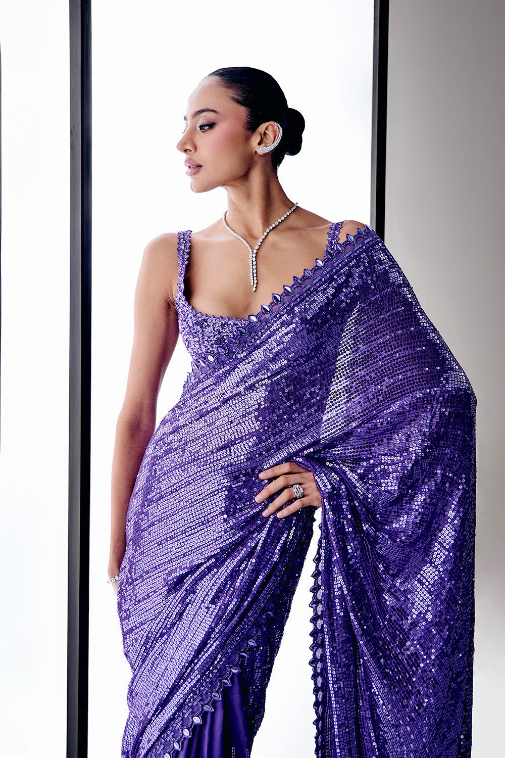 Purple sequins saree set