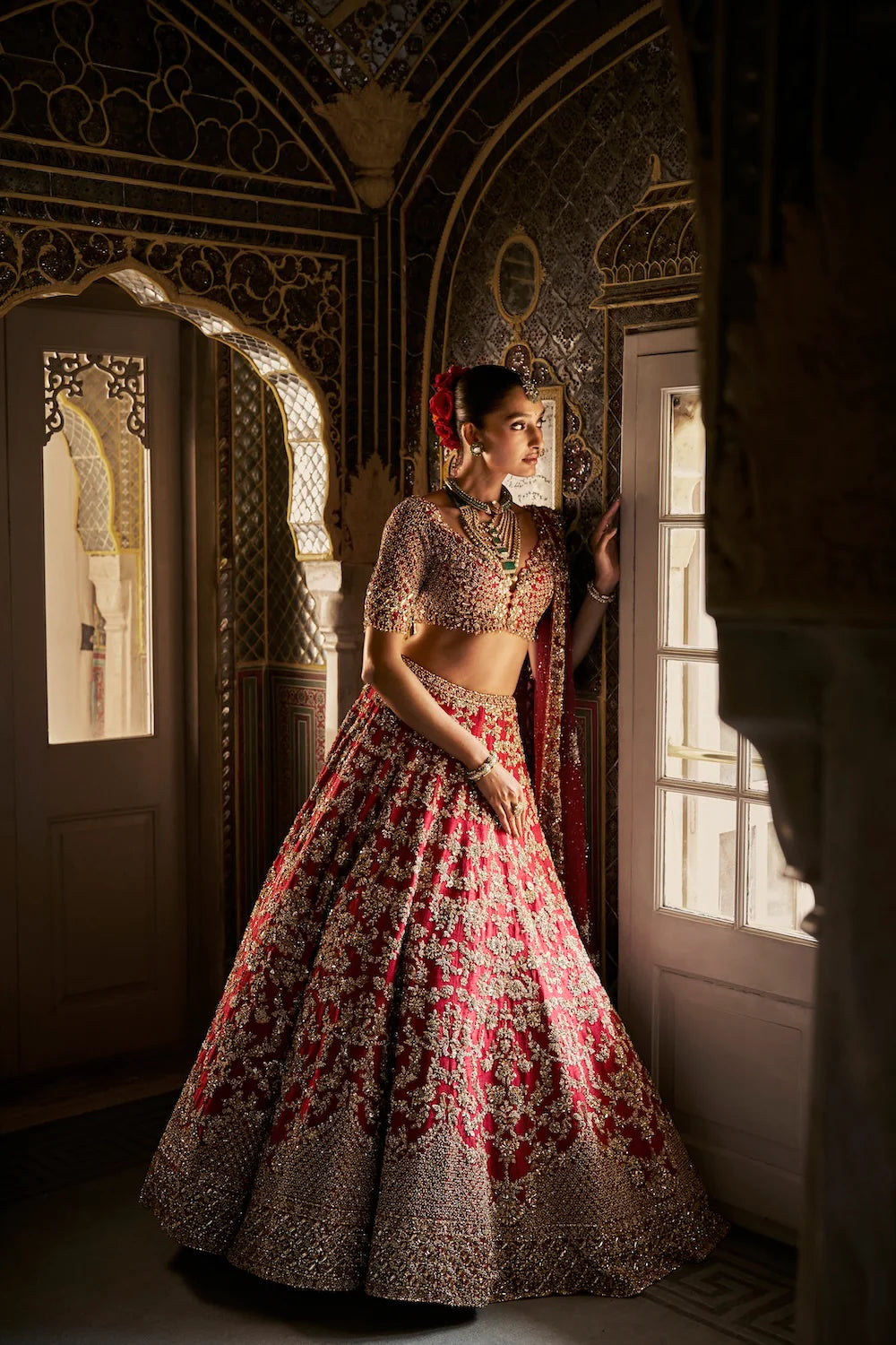 Red Crystal Zardosi Lehenga Set