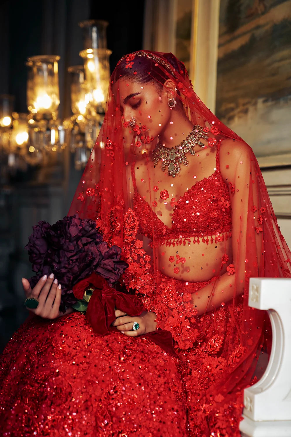 Red Three-Dimensional Floral Lehenga Set