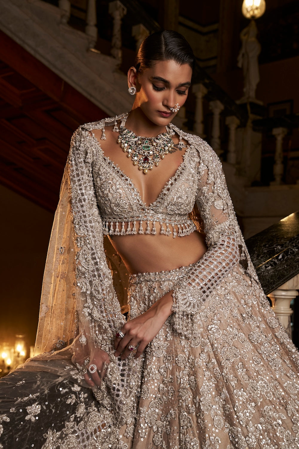 Nude Silver Cut Work Lehenga Set- Ready to Ship