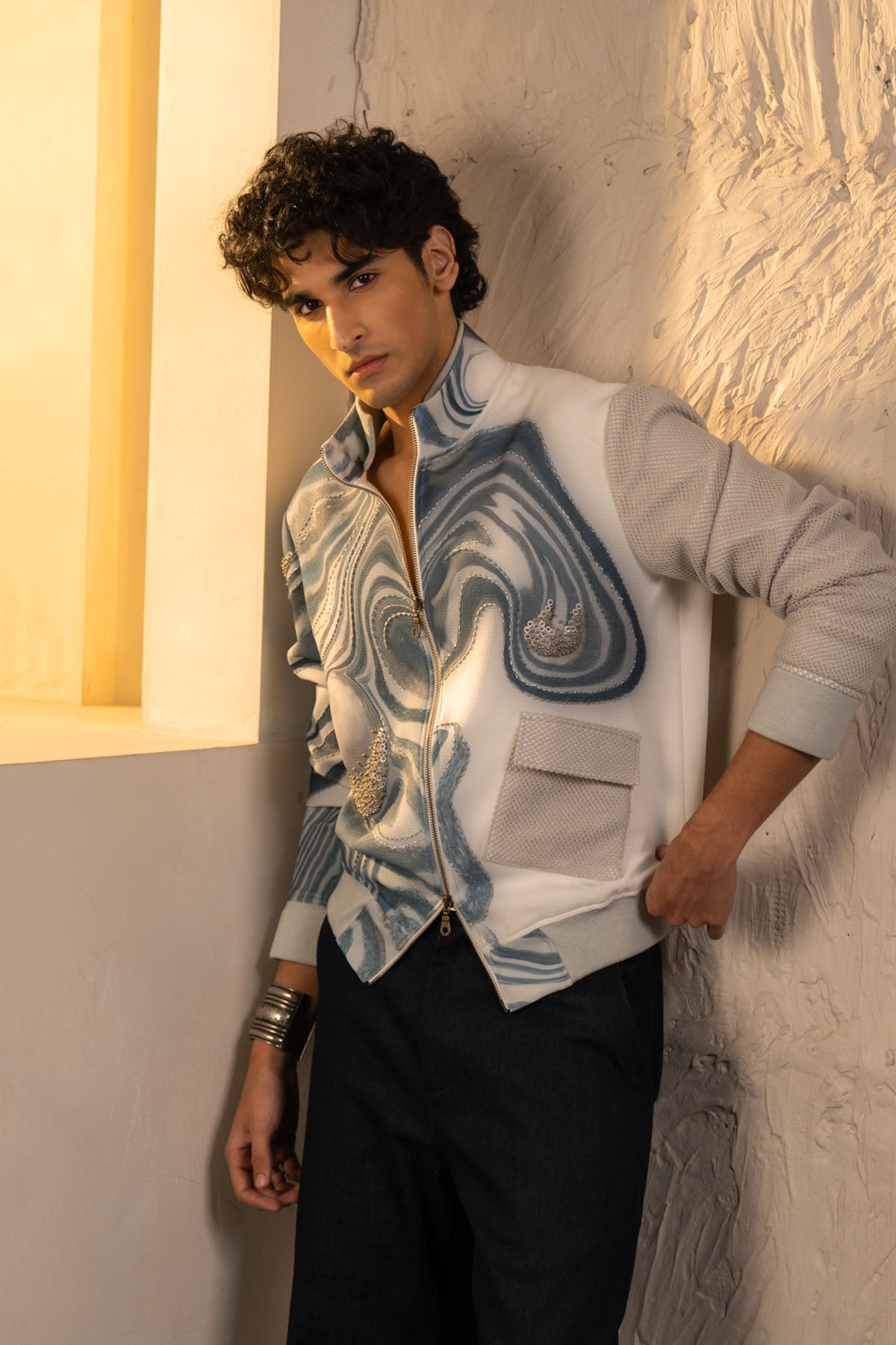 Printed Wave Bomber With Denims