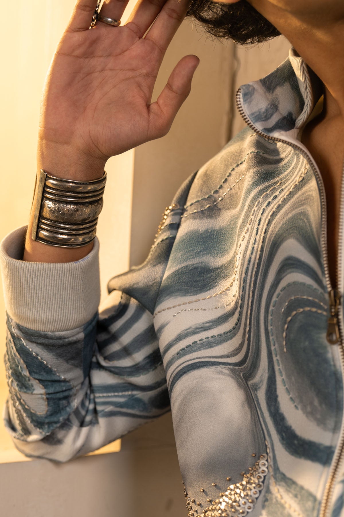 Printed Wave Bomber With Denims
