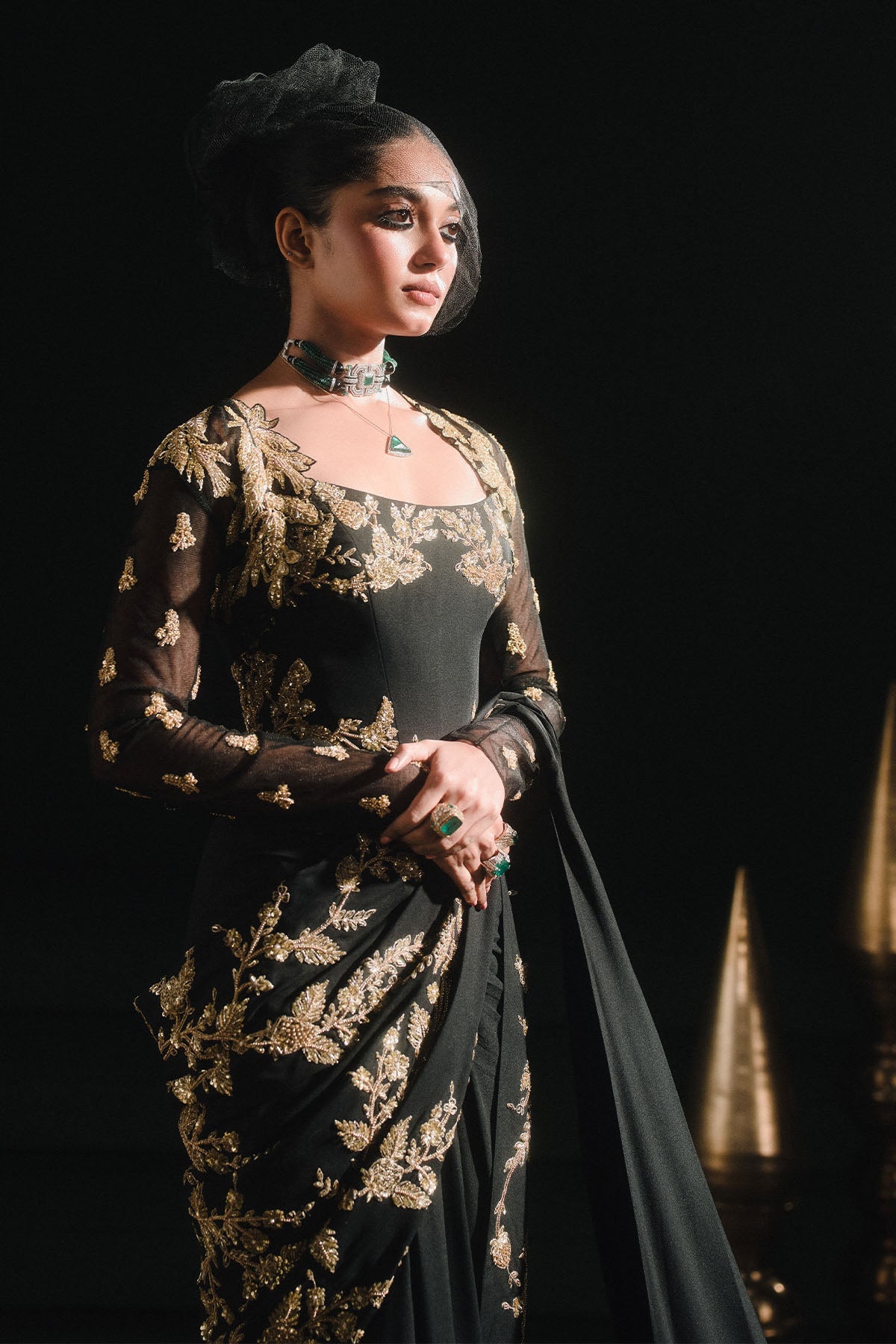 The Sunheri Bel Stitched Saree[without shrug]