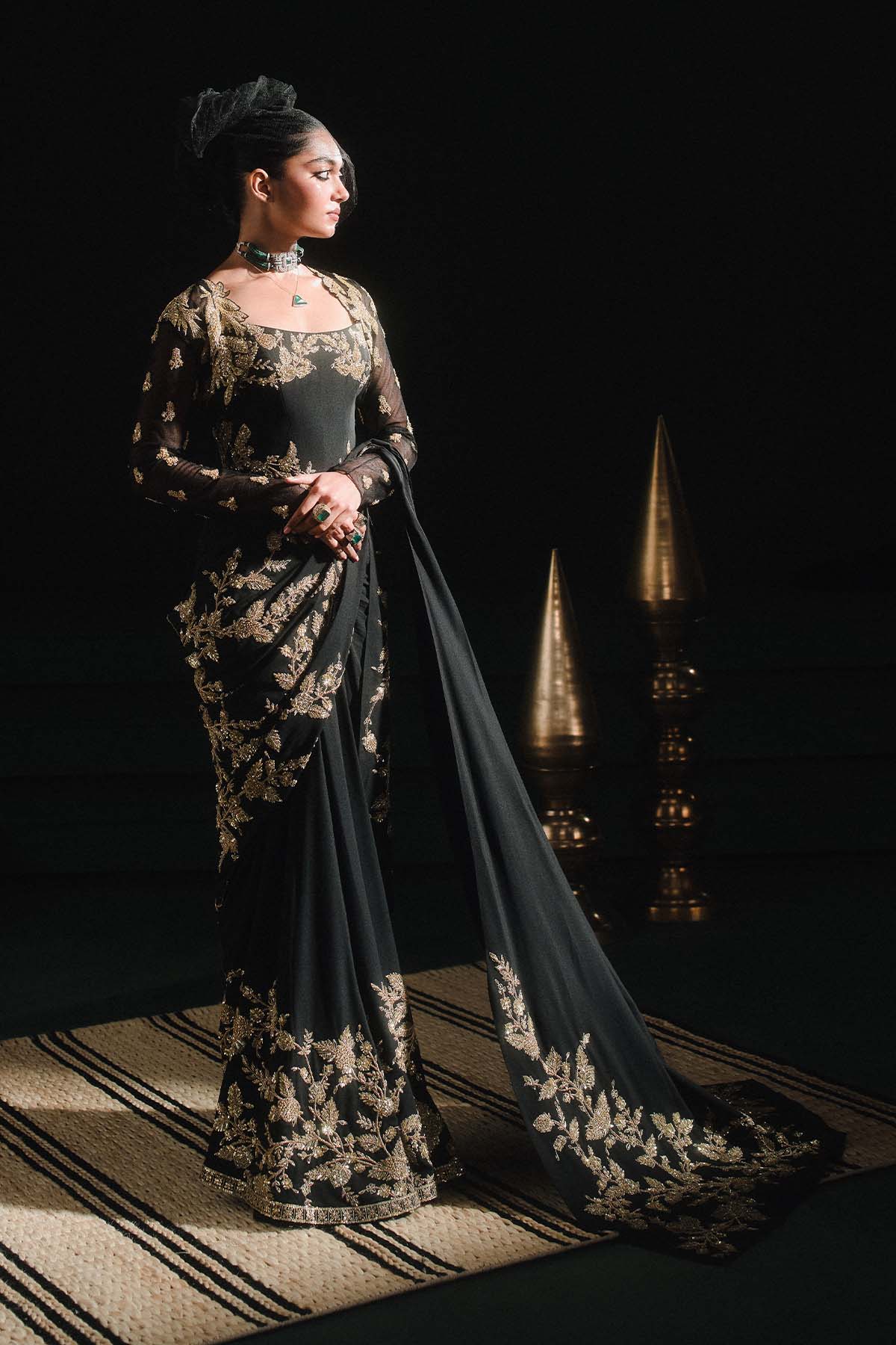 The Sunheri Bel Stitched Saree[without shrug]