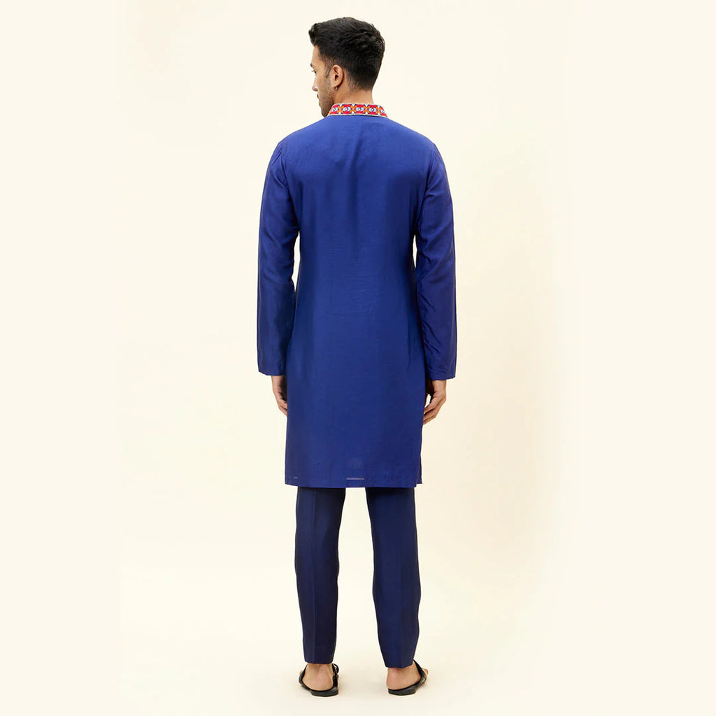 BLUE SOLID COLOUR KURTA WITH EMB ON COLLAR AND KURTA PATTI BLUE SOLID COLOUR PANTS