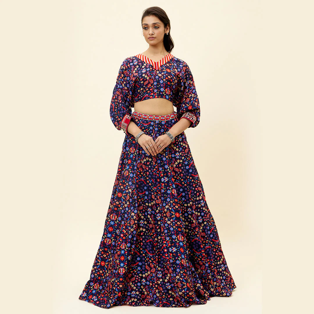 BLUE RASA JAAL PRINT LEHENGA WITH DOLMAN SLEEVES CROP TOP
