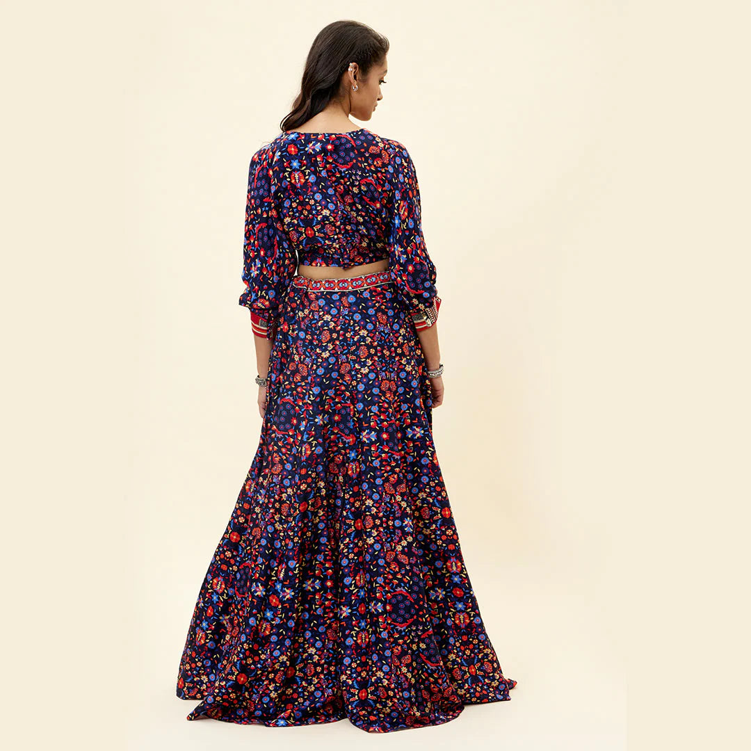 BLUE RASA JAAL PRINT LEHENGA WITH DOLMAN SLEEVES CROP TOP