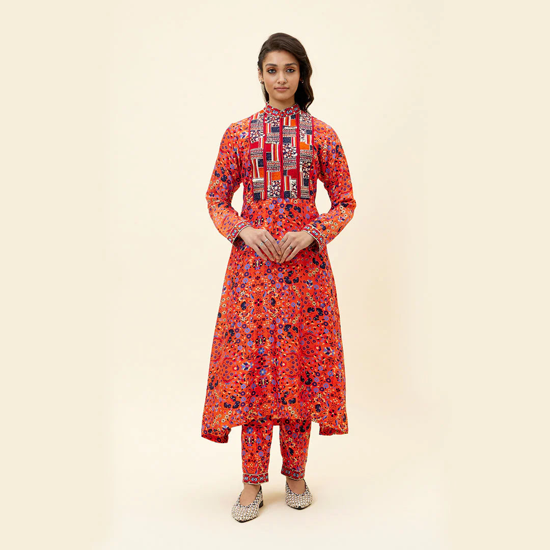 ORANGE JAAL PRINT KURTA TUNIC WITH EMB YOKE AND PANTS
