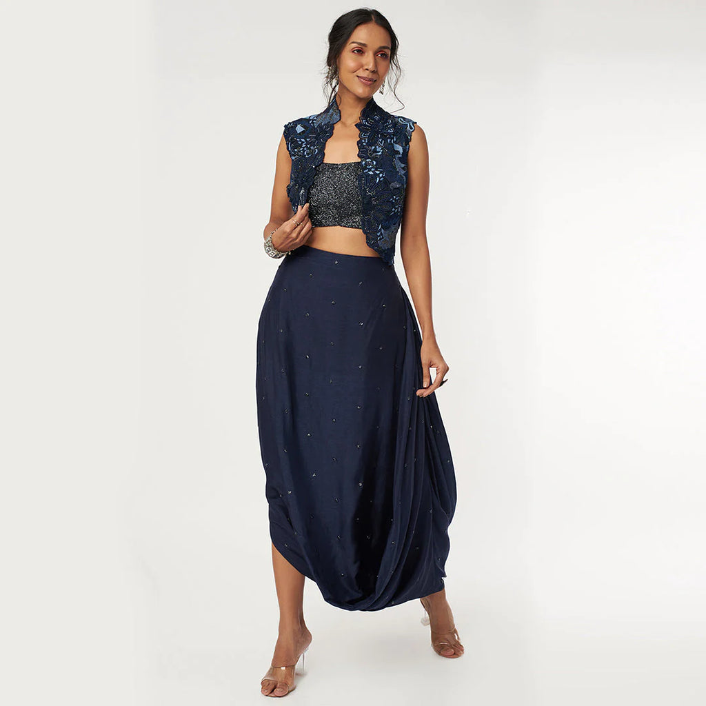 DEEP BLUE HEAVY EMBROIDERED ORGANZA JACKET WITH EMBROIDERED BUSTIER AND HIGHLITED DRAPE SKIRT