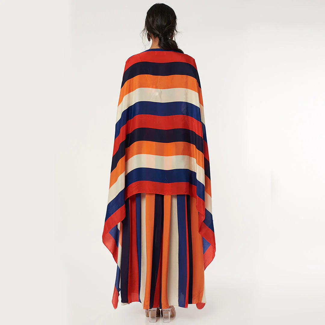 RASA STRIPES PRINT BIKINI BUSTIER WITH PLEATED PANTS AND CAPE