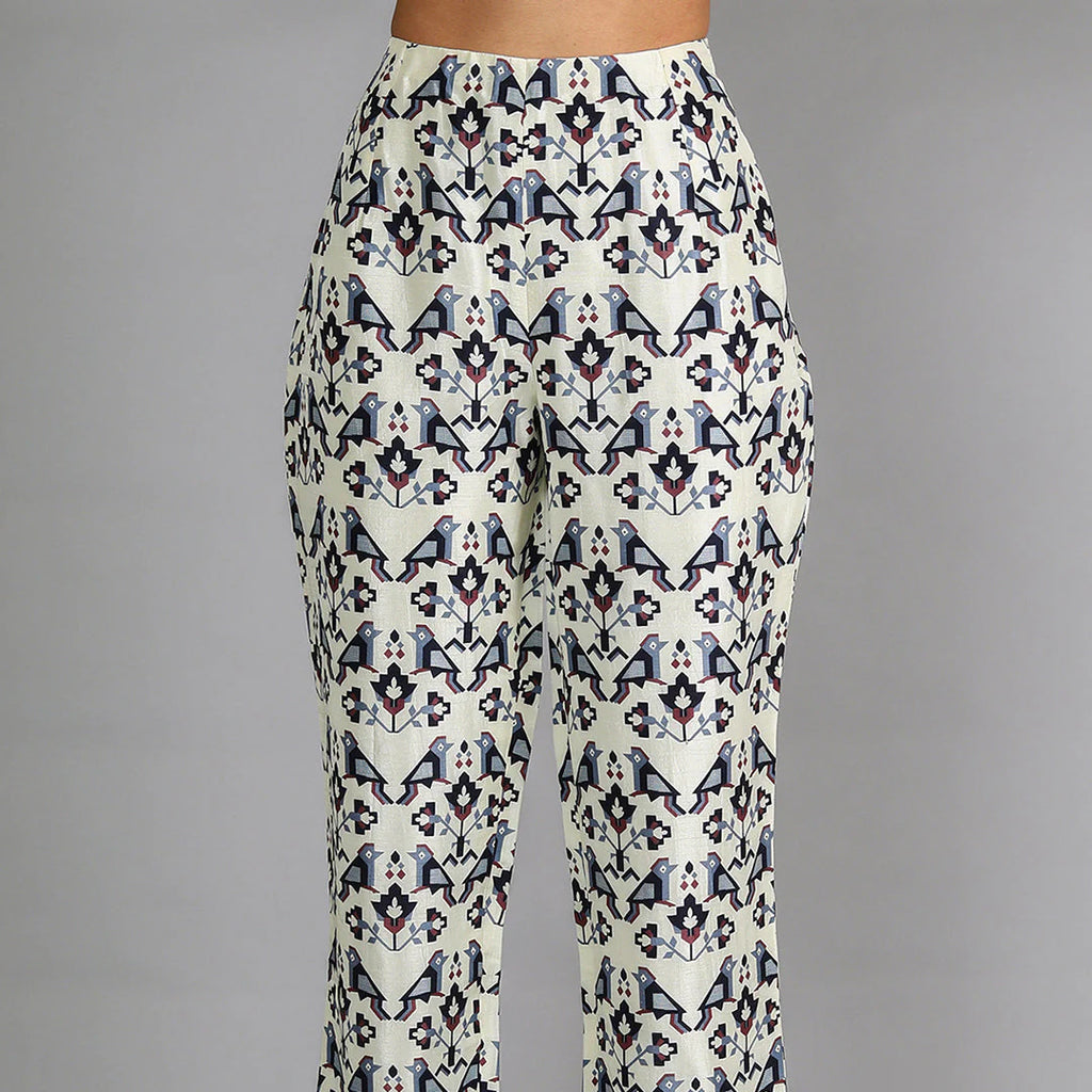 BIRD PRINT DRAPE TOP WITH GEOMETRIC DAMASK PRINT STRAIGHT PANTS WITH EMBROIDERY DETAILING