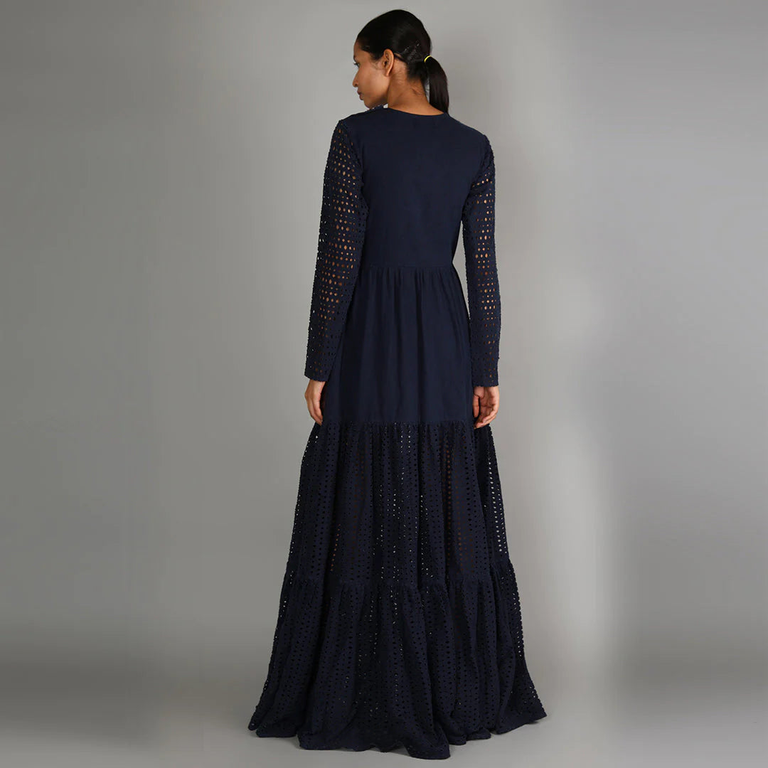 DARK BLUE DENIM LASER CUT TIERED DRESS WITH EMBELLISHED YOKE