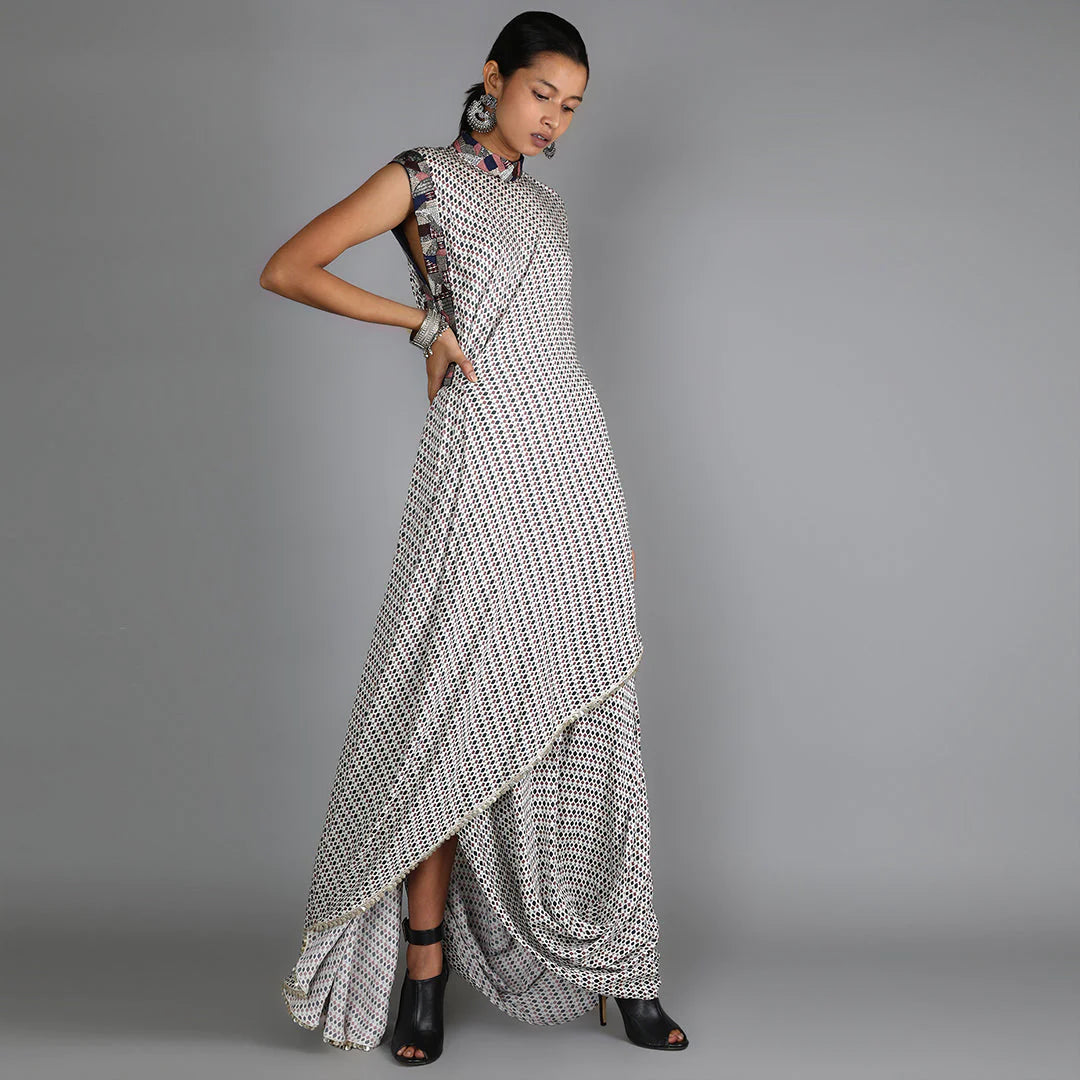 JAALI PRINT WHITE DRAPE TOP WITH DRAPE SKIRT WITH EMBROIDERY DETAILING