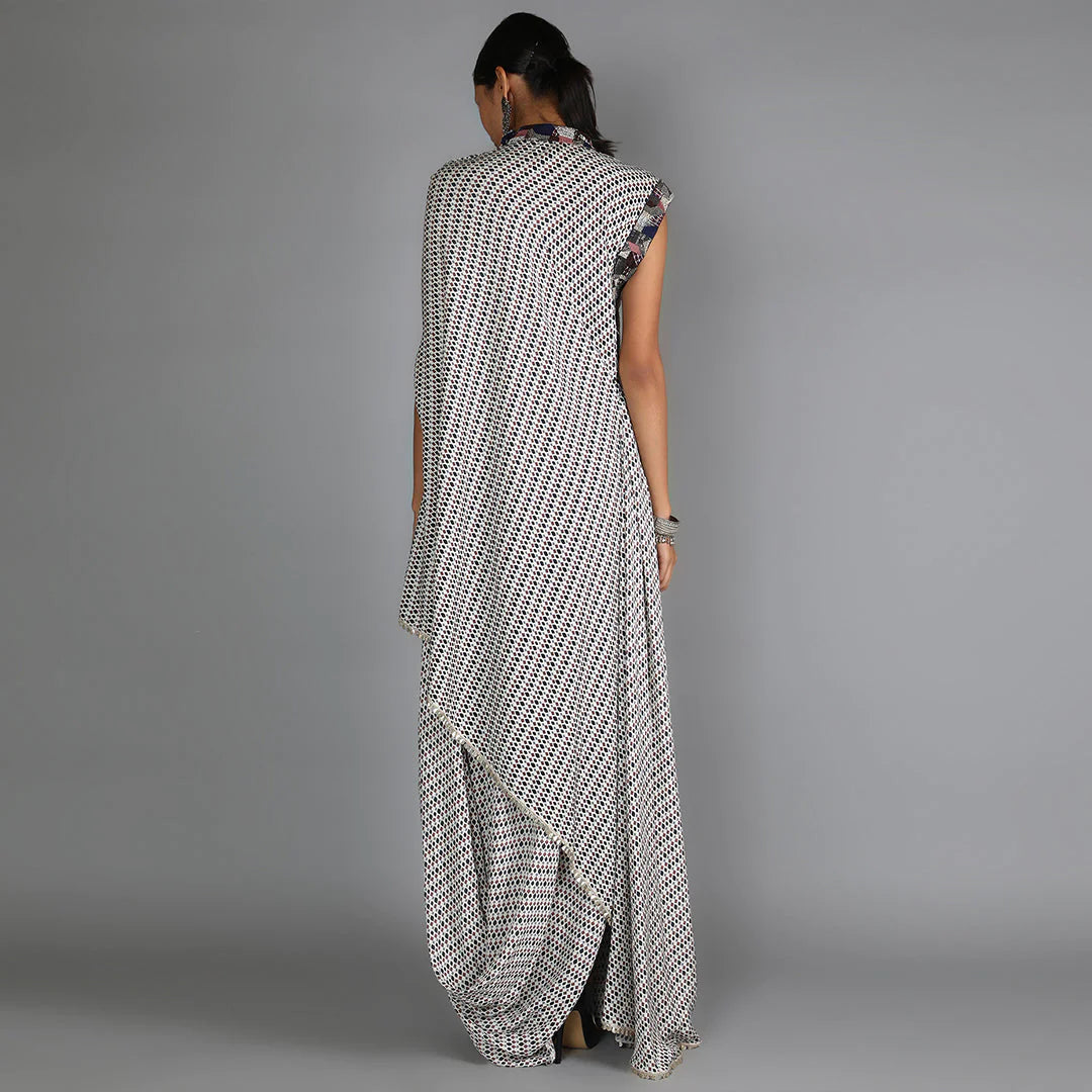 JAALI PRINT WHITE DRAPE TOP WITH DRAPE SKIRT WITH EMBROIDERY DETAILING