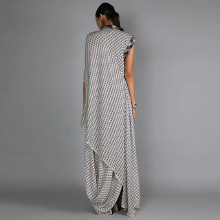 JAALI PRINT WHITE DRAPE TOP WITH DRAPE SKIRT WITH EMBROIDERY DETAILING