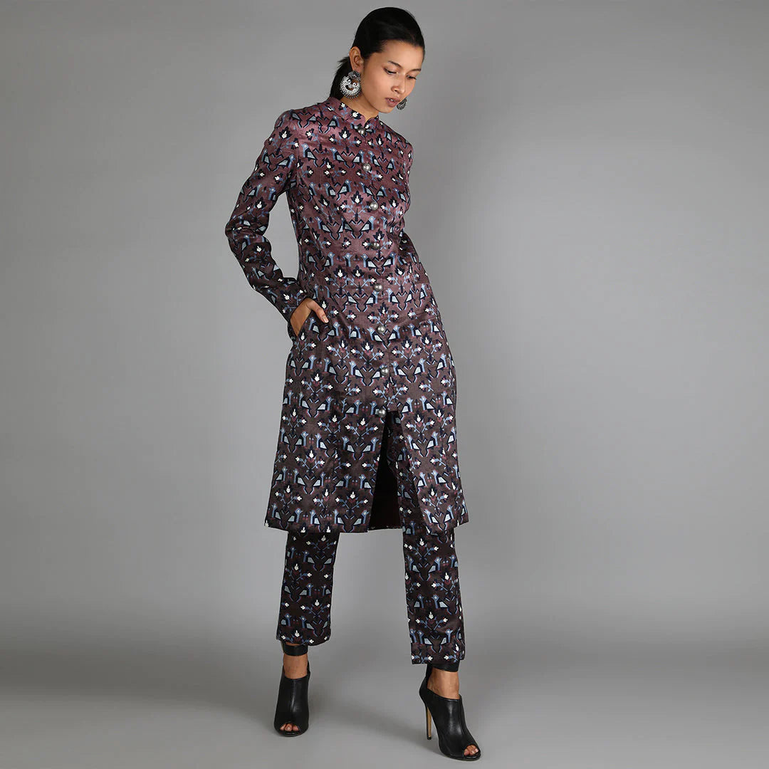 MERLOT OMBRE GEOMETRIC DAMASK PRINT JACKET WITH GEOMETRIC DAMASK PRINT PANT