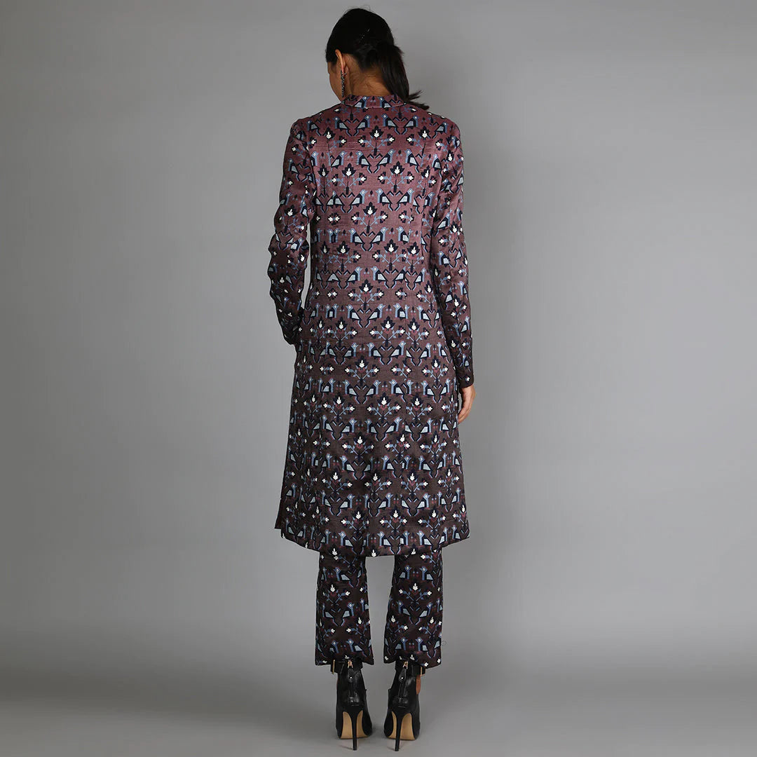 MERLOT OMBRE GEOMETRIC DAMASK PRINT JACKET WITH GEOMETRIC DAMASK PRINT PANT