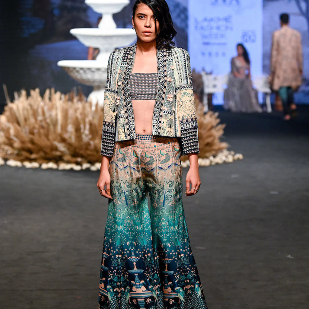 OMBRÉ MOR FUAARA SHARARA AND CROP TOP TEAMED WITH A EMBROIDERED NOOR JACKET