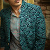 BLUE FEATHER PRINTED BLAZER JACKET WITH PINK BUTTI HIGHLIGHTED SHORT KURTA WITH PANTS