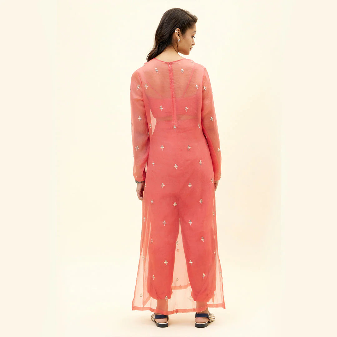 D.CORAL DRAPY PANTS WITH BUSTIER AND ORGANZA KURTA