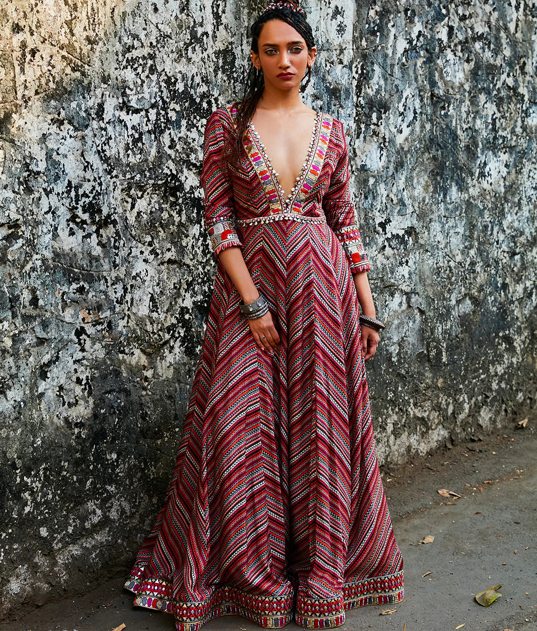 BOHEMIAN STRIPE PRINT PLUNGE NECK ANARKALI