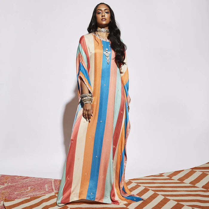 STRIPE PRINT KAFTAN WITH TRIANGLE BORDER AND BUTTIES