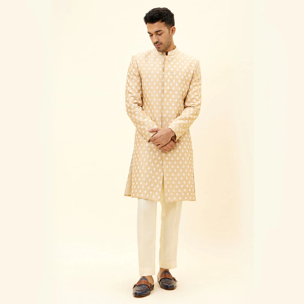 BEIEGE SHERWANI WITH WHITE BUTTI EMB WITH PANTS
