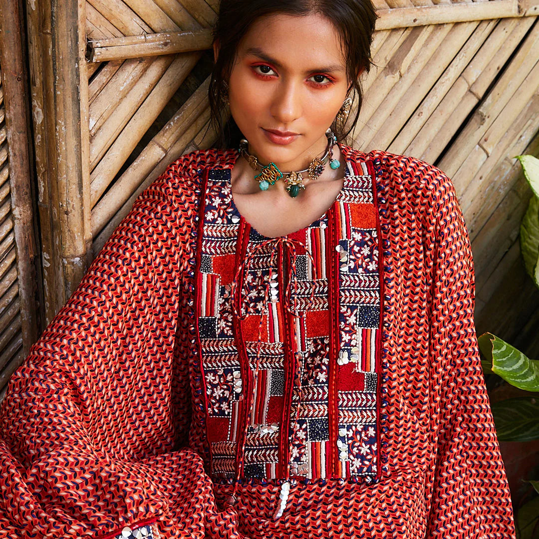 ORANGE LEAF PRINT DOLMEN SLEEVES TUNIC WITH PANTS