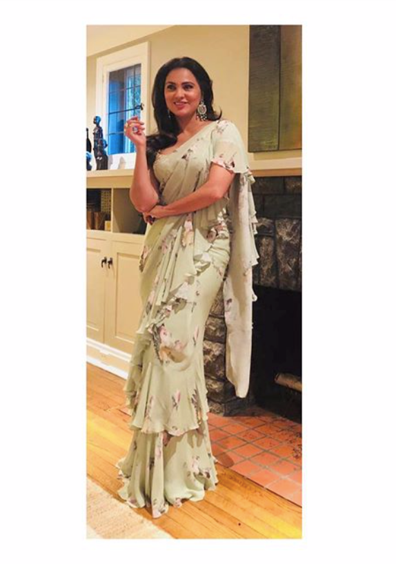 Lara Dutta in Sage Green Ruffled Saree