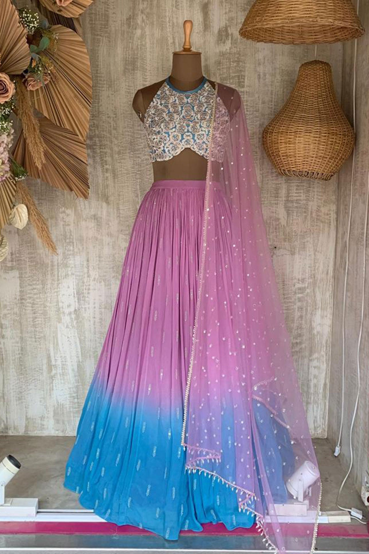 Lavender To Blue Ombre Palm Tree Lehenga Set - Ready To Ship