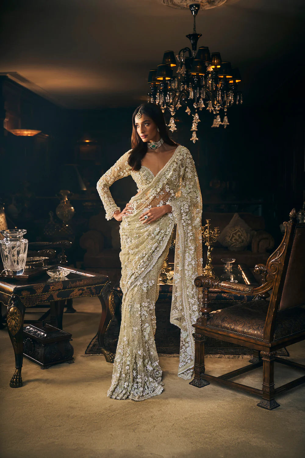 Sage Green Three-Dimensional Saree