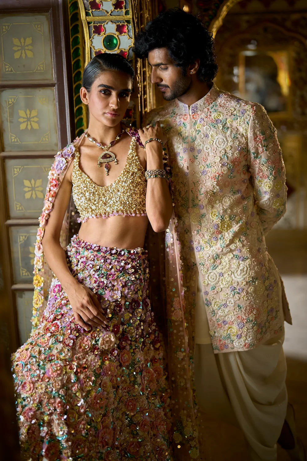 Ombre Multi-Coloured Three-Dimensional Floral Lehenga Set