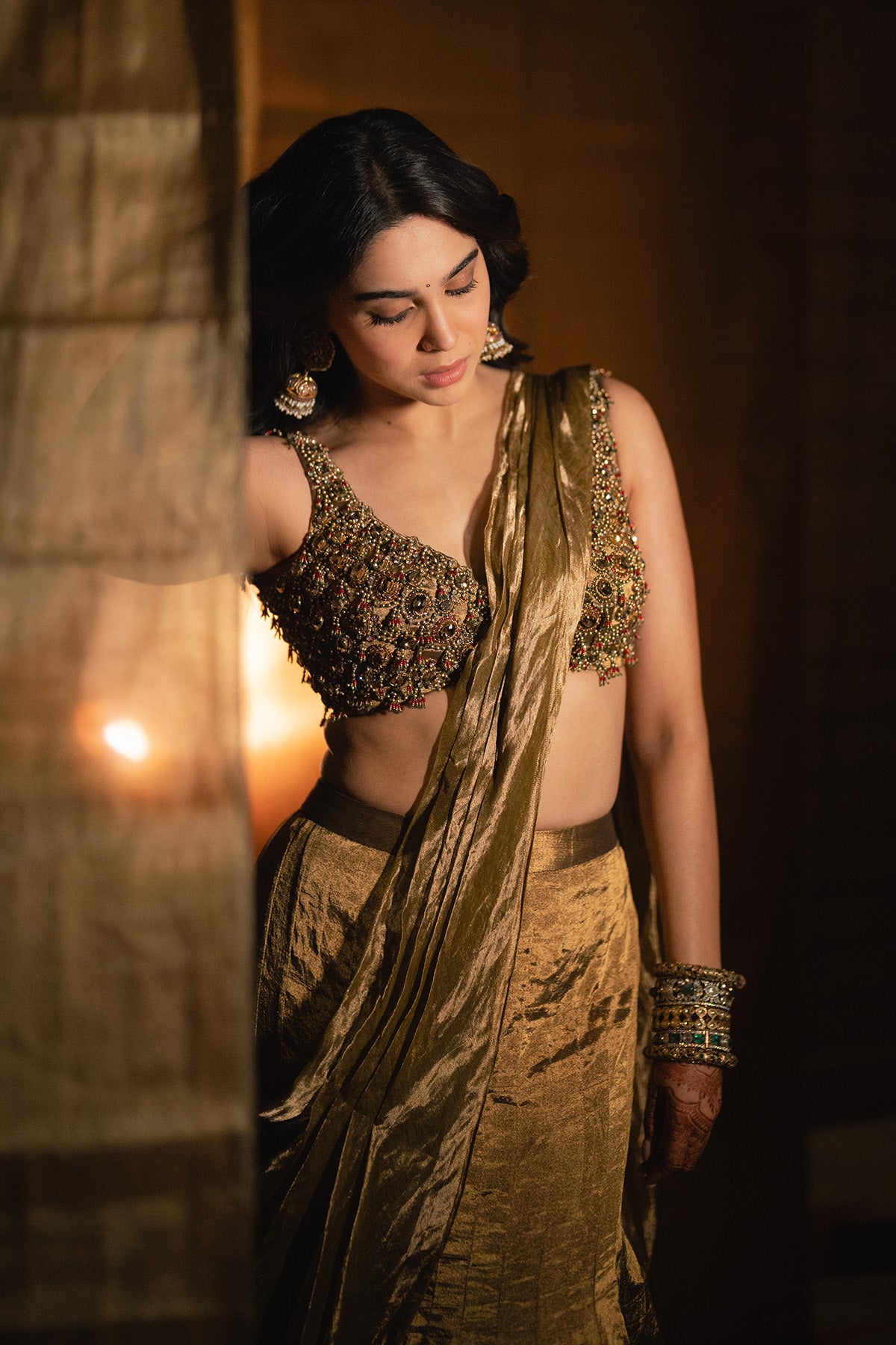 Sharvari in Antique Gold Lehenga Set