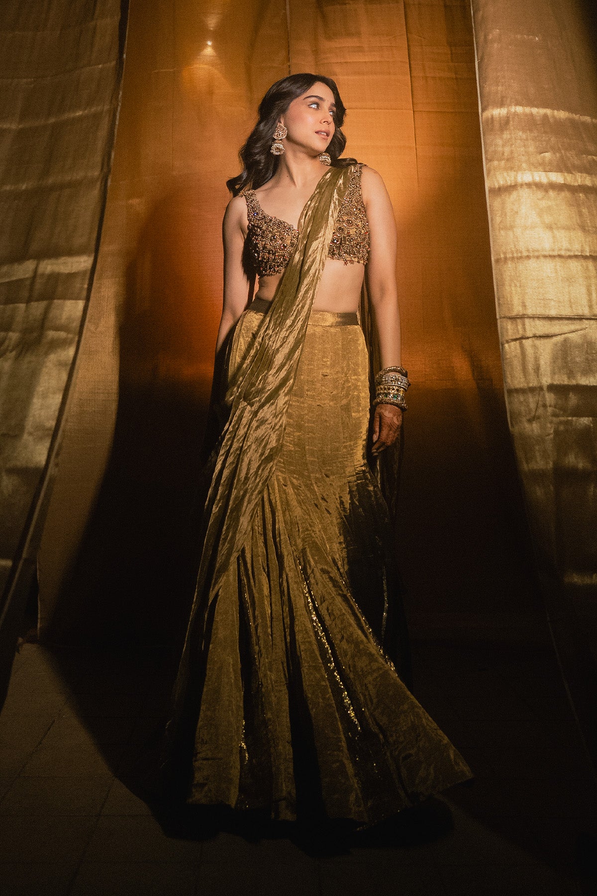 Sharvari in Antique Gold Lehenga Set