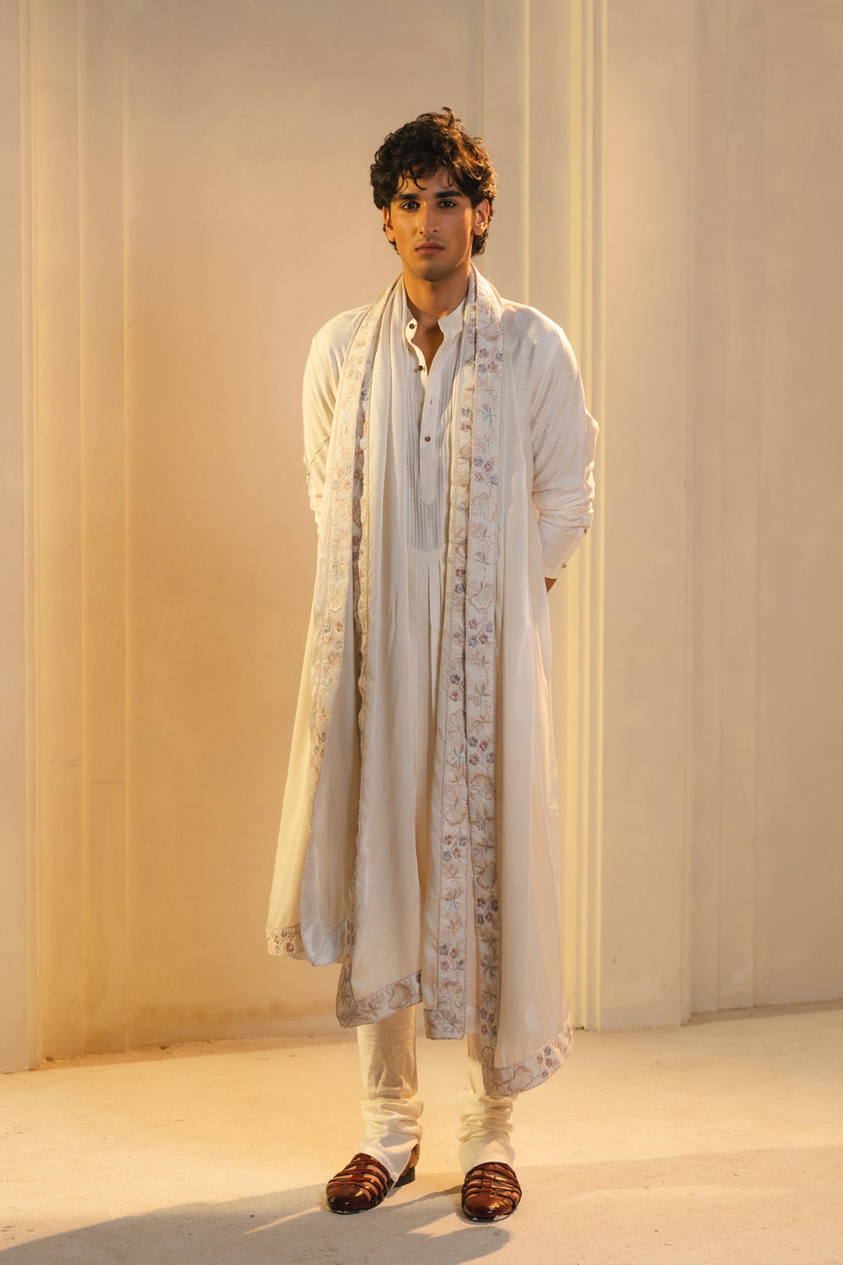 Ivory Silk Hand Painted And Hand Embroidered Sherwani Set