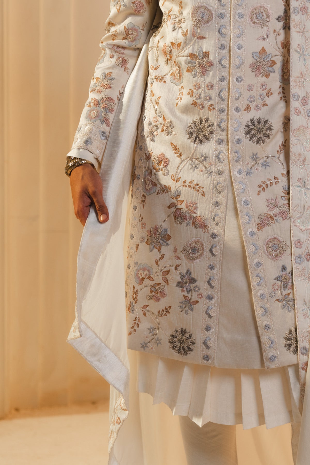 Ivory Silk Hand Painted And Hand Embroidered Sherwani Set