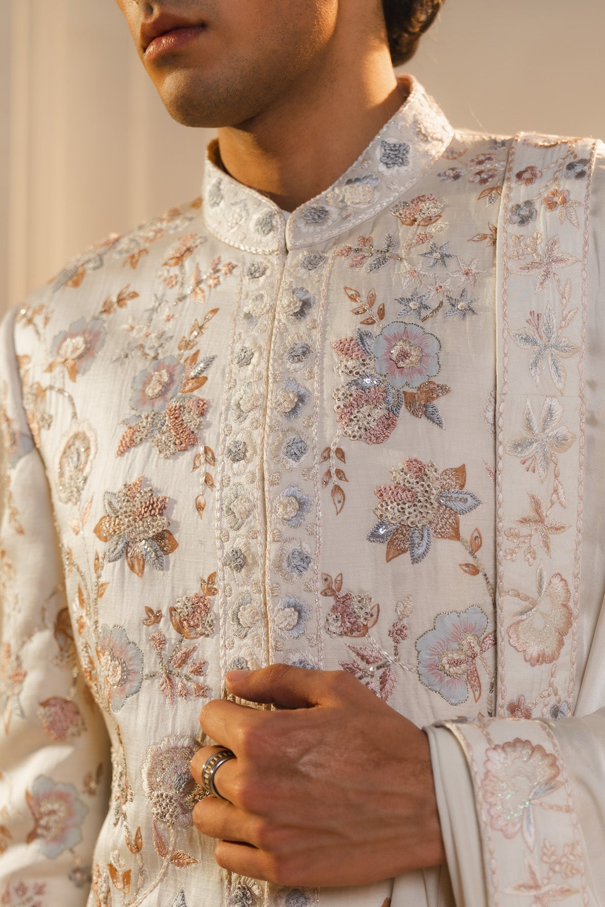 Ivory Silk Hand Painted And Hand Embroidered Sherwani Set