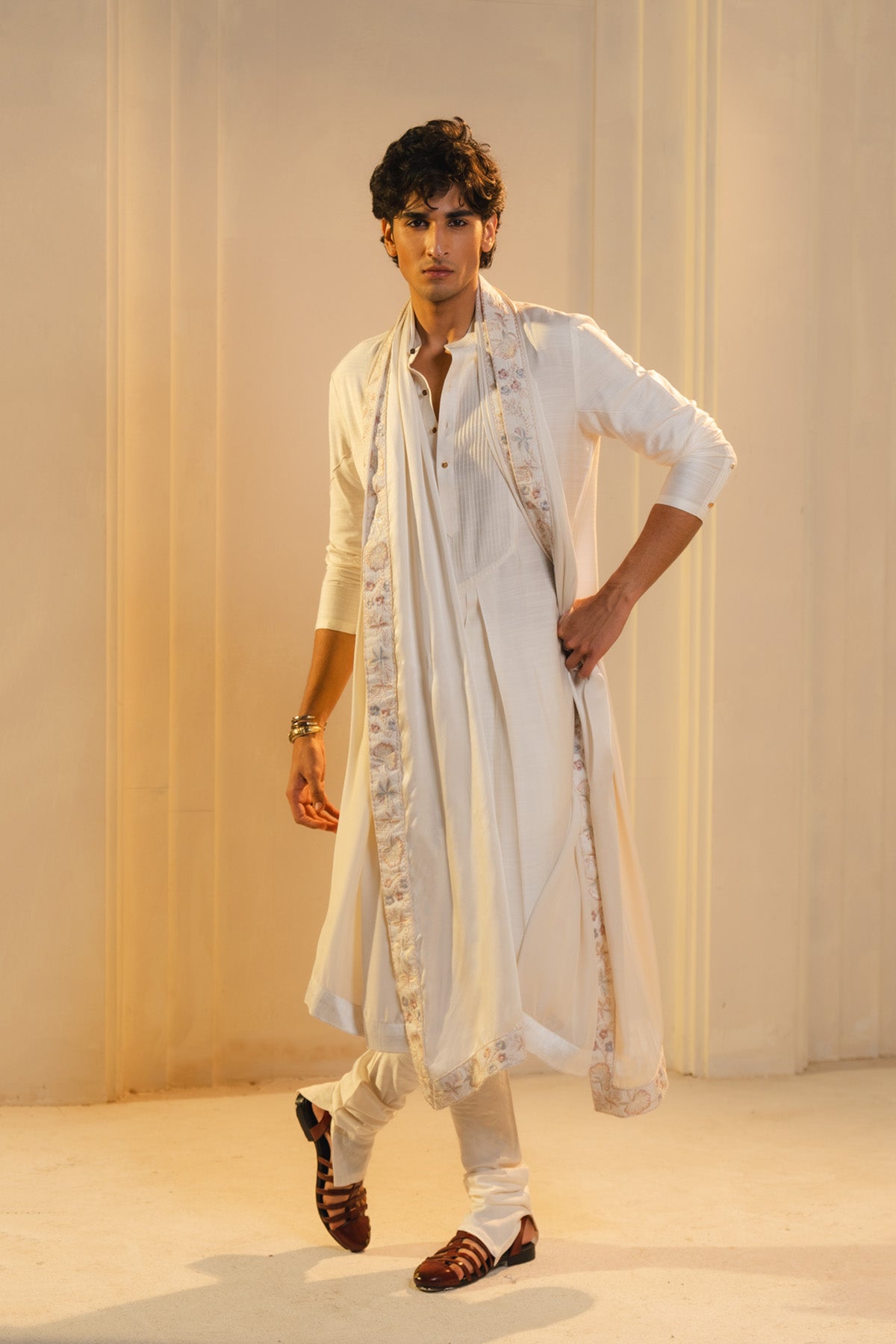 Ivory Silk Hand Painted And Hand Embroidered Sherwani Set