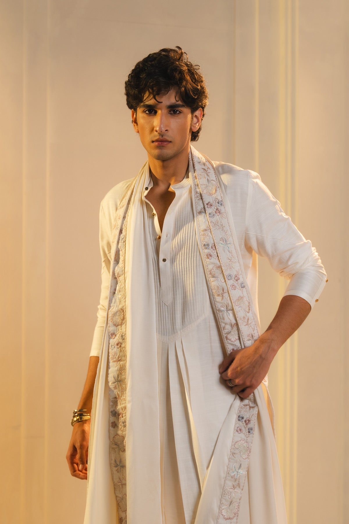 Ivory Silk Hand Painted And Hand Embroidered Sherwani Set