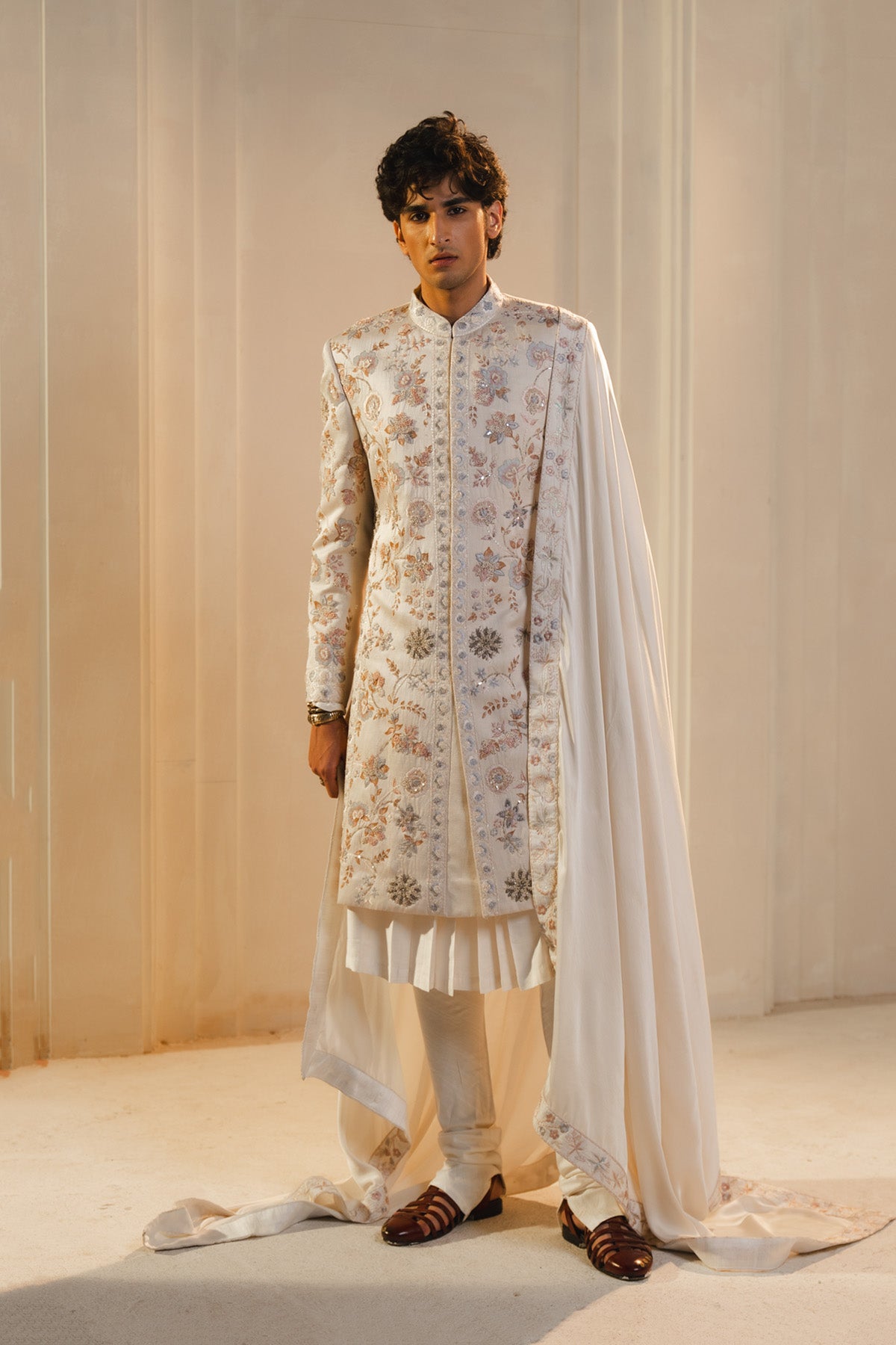 Ivory Silk Hand Painted And Hand Embroidered Sherwani Set