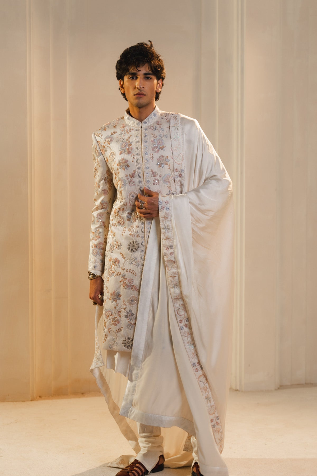 Ivory Silk Hand Painted And Hand Embroidered Sherwani Set