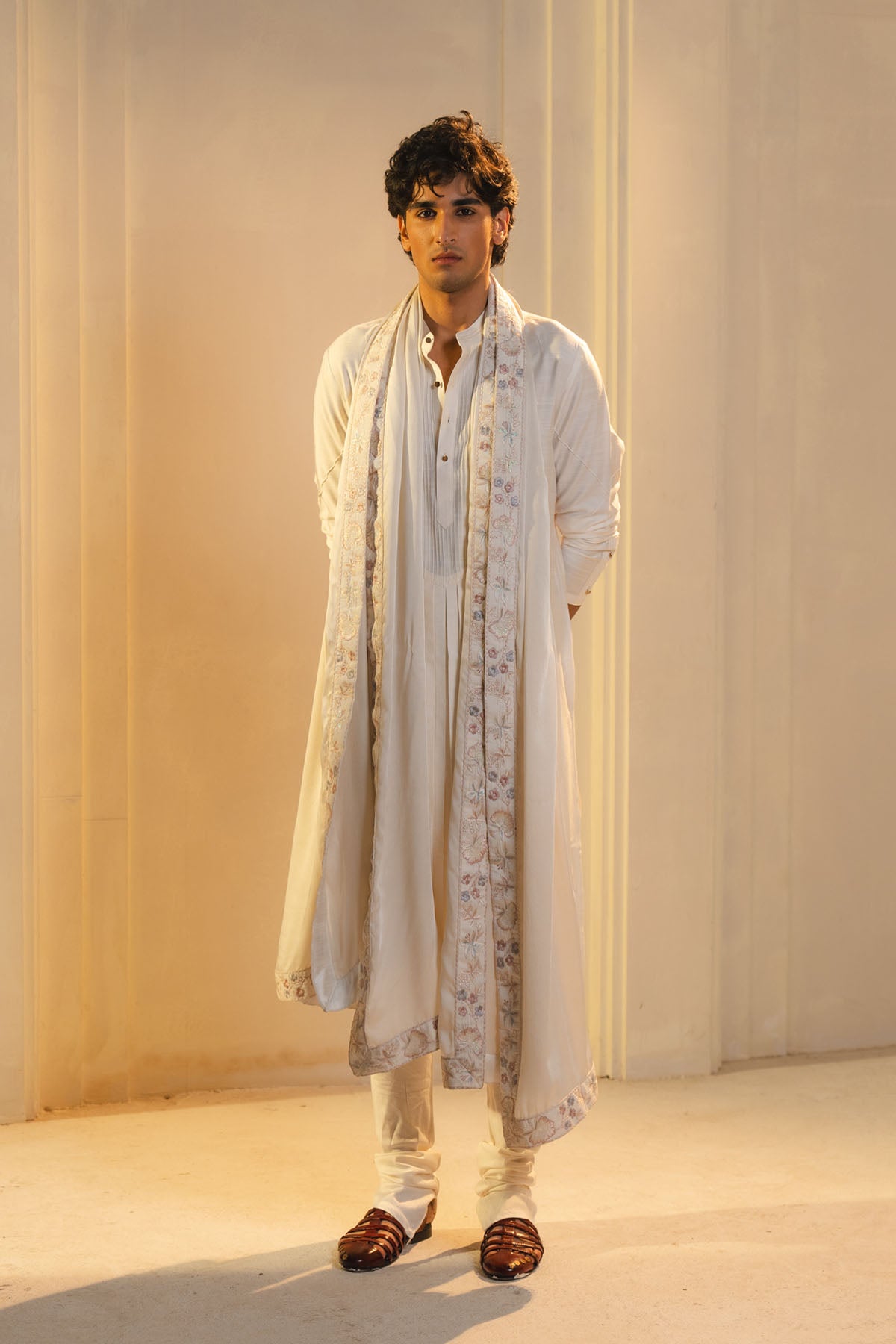 Ivory Silk Hand Painted And Hand Embroidered Kurta Set